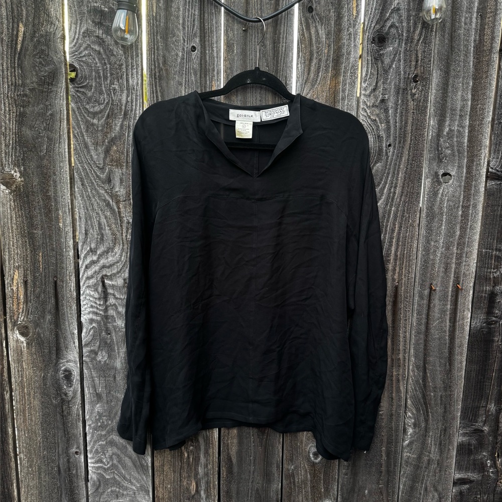 Bergdorf Goodman go > silk black long sleeve notch neck blouse size 2